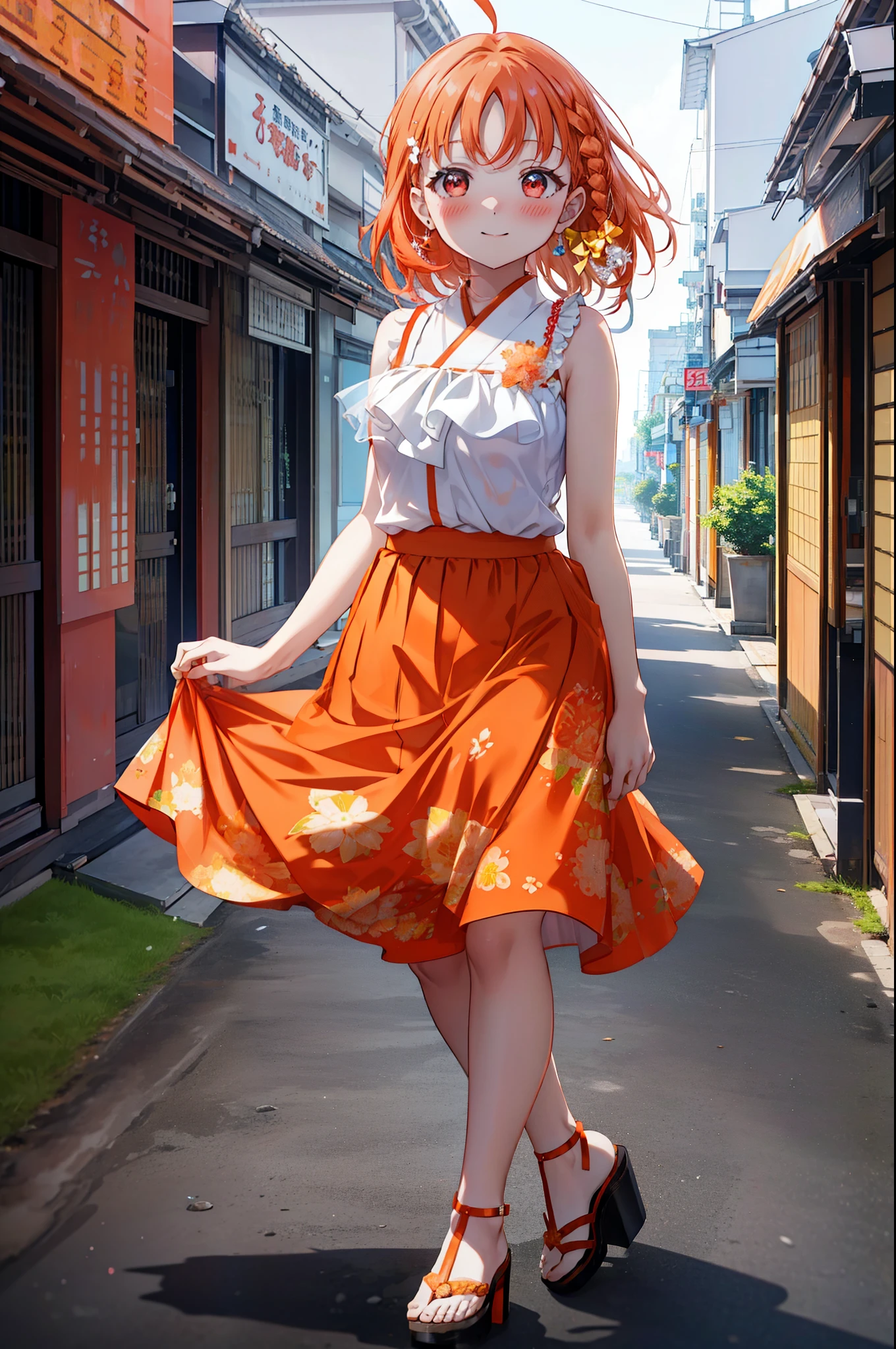 chika　takami,Orange Hair,Red eyes,smile,blush,Orange sleeveless dress,Long skirt,Cute heeled sandals,Walking,Daytime,Clear skies,whole bodyがイラストに入るように break outdoors, Coastal Road,Building district, break looking at viewer, whole body, break (masterpiece:1.2), Highest quality, High resolution, unity 8k wallpaper, (figure:0.8), (Beautiful attention to detail:1.6), Highly detailed face, Perfect lighting, Highly detailed CG, (Perfect hands, Perfect Anatomy),