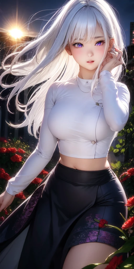 realistic, 1girl, white hair, purple eyes, glowing eyes, crop top, skirt, parted lips, blush, night, flowers, sun, sunlight,