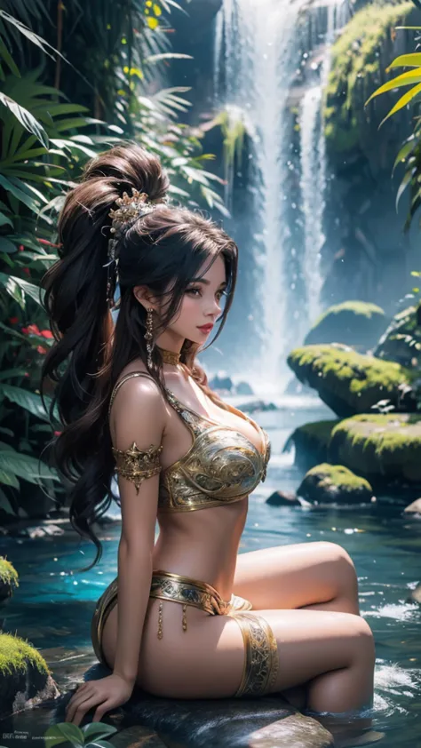 there is a beautiful woman that is sitting on a rock in the water, furry fantasy art, 4k highly detailed digital art, very very ...