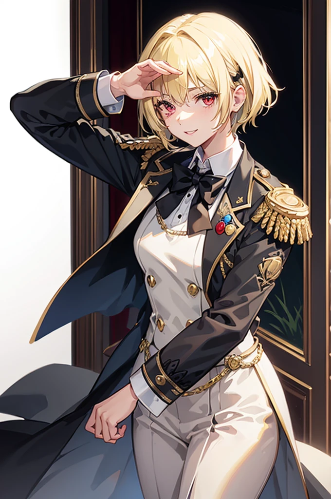 1 person, mature, (((Butler))), count, viscount, Victorian era,(Barrette)、(((Hair on one eye)))、(((Blonde short hair))),(Red eyes)、smile、 suit, coat,  White gloves, Gold and red design, Black Shirt, No background, Absurd, High resolution, Super sharp, 8K, masterpiece, View your viewers, Are standing, No background, No background, White Background