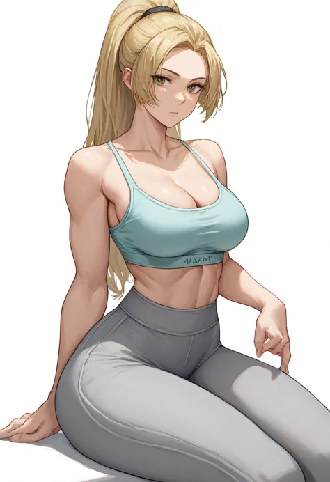 score_9,score_8_up,score_7_up,1girl,solo,white background,sports bra, spaghetti strap,cleavage,big_breasts,looking_at_viewer,lon...