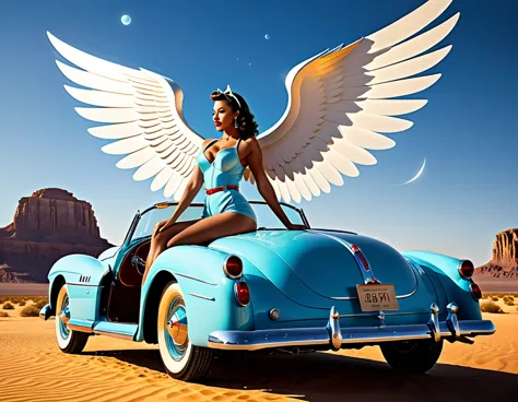 A 1950s-style angel with retro-futuristic wings and attire, leaning against a classic celestial vehicle in a retro-themed desert...