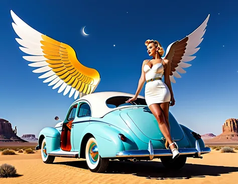 A 1950s-style angel with retro-futuristic wings and attire, leaning against a classic celestial vehicle in a retro-themed desert...