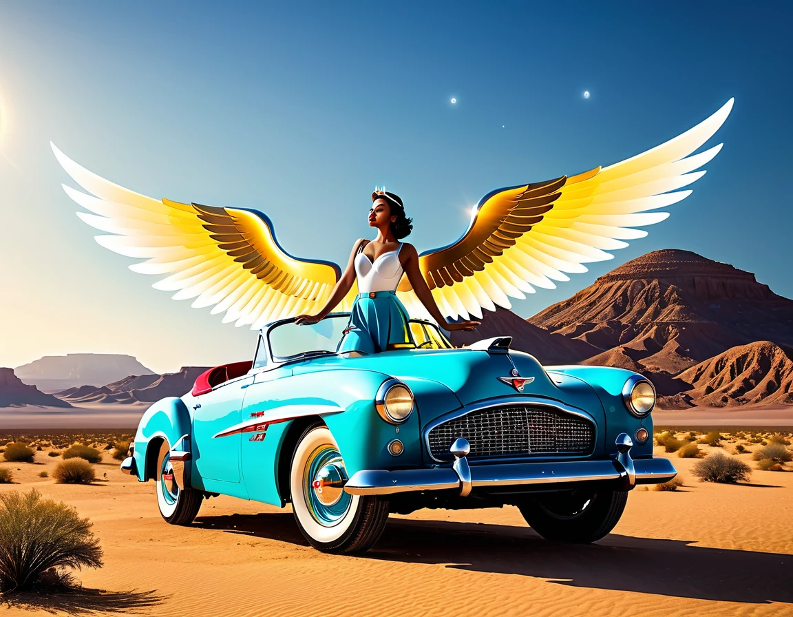 A 1950s-style angel with retro-futuristic wings and attire, leaning against a classic celestial vehicle in a retro-themed desert. 8k, vibrant colors.