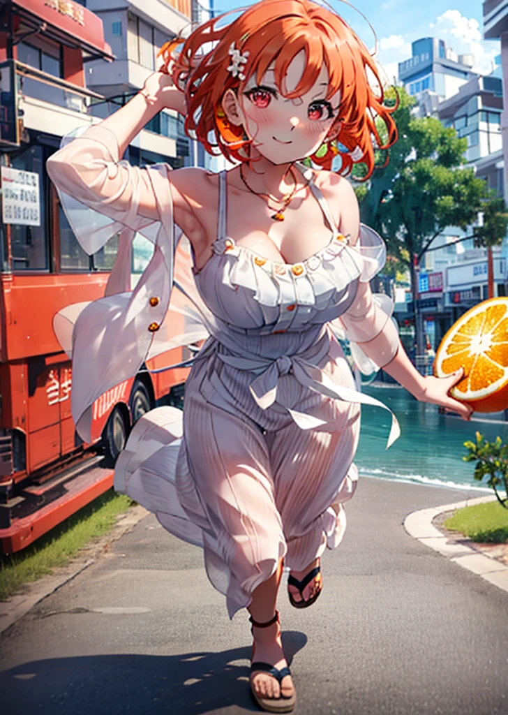 Chika　Takami,cheveux roux,les yeux rouges,sourire,rougir,Robe orange à épaules dénudées,Épaules nues,clavicule nue,Cou nu,collier en forme de coeur,Jupe longue,Jolies sandales à talons,marche,jour,ciel clair,tout le corpsがイラストに入るように casser outdoors, Route côtière,Quartier du bâtiment, casser looking at viewer, tout le corps, casser (chef-d&#39;œuvre:1.2), la plus haute qualité, haute résolution, unité 8k fond d&#39;écran, (chiffre:0.8), (Belle attention aux détails:1.6), Visage très détaillé, éclairage parfait, CG très détaillé, (des mains parfaites, Anatomie parfaite),