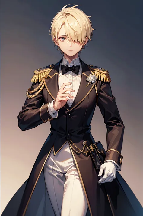 1 person, mature, (((butler))), count, viscount, victorian era,(barrette)、(((hair on one eye)))、(((blonde short hair))),(red eye...