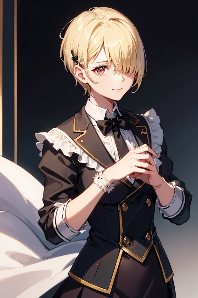 1 person, mature, (((Butler))), count, viscount, Victorian era,(Barrette)、(((Hair on one eye)))、(((Blonde short hair))),(Red eyeedium Breast),smile、 suit, coat,  White gloves, Gold and red design, Black Shirt, No background, Absurd, High resolution, Super sharp, 8K, masterpiece, View your viewers, Are standing, No background, No background, White Background