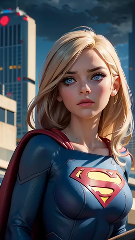 a supergirl sitting on a rooftop building, lost in deep thought, looking at the city, beautiful detailed eyes, beautiful blue ey...