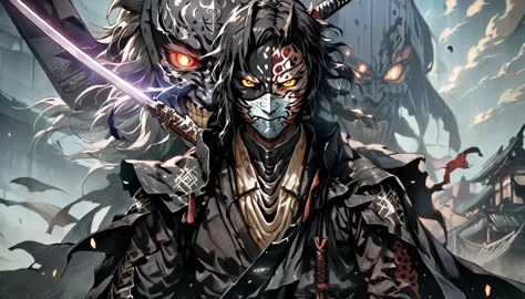 ninja mask, cape,close up, black heavy detailed clothes, katana, art, dark and malevolent, hand sword, armor, powerful and intim...