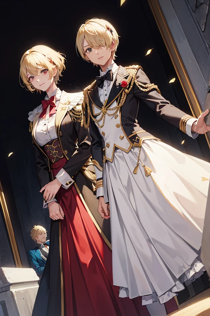 1 person, mature, (((Woman dressed as a man))),(((Butler))), count, viscount, Victorian era,(Barrette)、(((Hair on one eye)))、(((Blonde short hair))),(Red eyeedium Breast),smile、 suit, coat,  White gloves, Gold and red design, Black Shirt, No background, Absurd, High resolution, Super sharp, 8K, masterpiece, View your viewers, Are standing, No background, No background, White Background