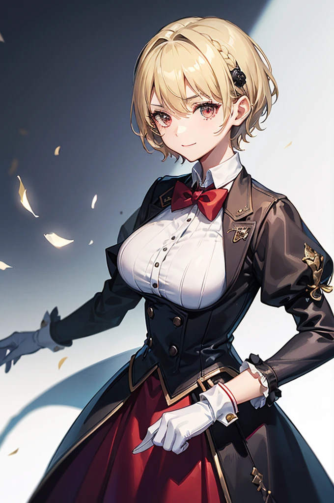 1 person, mature, (((Woman dressed as a man))),(((Butler))), count, viscount, Victorian era,(Barrette)、(((Hair on one eye)))、(((Blonde short hair))),(Red eyeedium Breast),smile、 suit, coat,  White gloves, Gold and red design, Black Shirt, No background, Absurd, High resolution, Super sharp, 8K, masterpiece, View your viewers, Are standing, No background, No background, White Background