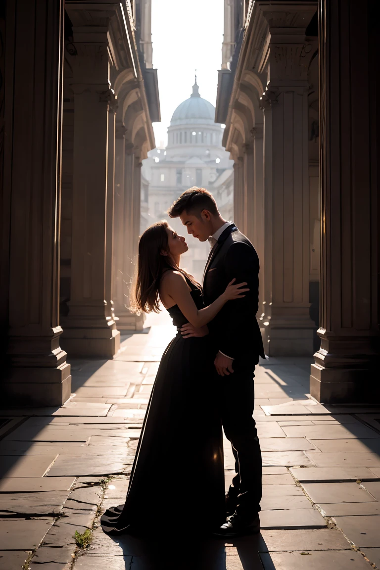 A melancholic yet romantic scene that captures the essence of forbidden love. A woman standing in the foreground, looking conflicted and trapped, while a man stands in the background, gazing at her with deep, unspoken love. The setting is a twilight landscape, blending shadows and warm tones to symbolize longing and hope. The background shows a distant, shadowy figure of another man, representing the barrier between the two lovers. The overall atmosphere is dreamy and evocative, setting the tone for a story of passion, sorrow, and yearning