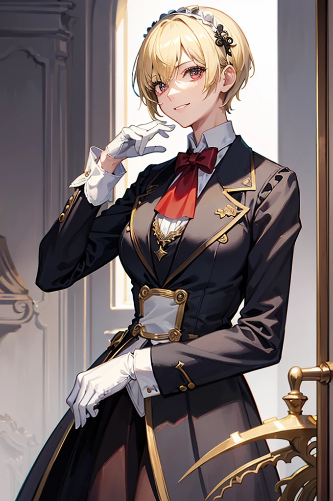 1 person, mature, (((Woman dressed as a man))),(((Butler))), count, viscount, Victorian era,(Barrette)、(((Hair on one eye)))、(((Blonde short hair))),(Red eyeedium Breast),smile、 suit, coat,  White gloves, Gold and red design, Black Shirt, No background, Absurd, High resolution, Super sharp, 8K, masterpiece, View your viewers, Are standing, No background, No background, White Background