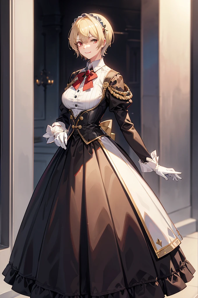 1 person, mature, (((Woman dressed as a man))),(((Butler))), count, viscount, Victorian era,(Barrette)、(((Hair on one eye)))、(((Blonde short hair))),(Red eyeedium Breast),smile、 suit, coat,  White gloves, Gold and red design, Black Shirt, No background, Absurd, High resolution, Super sharp, 8K, masterpiece, View your viewers, Are standing, No background, No background, White Background