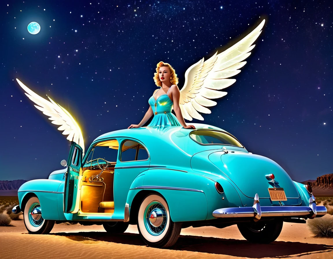 Angel in 1950s attire with luminescent wings, leaning against a classic celestial vehicle in a retro-themed desert with a moonlit sky.