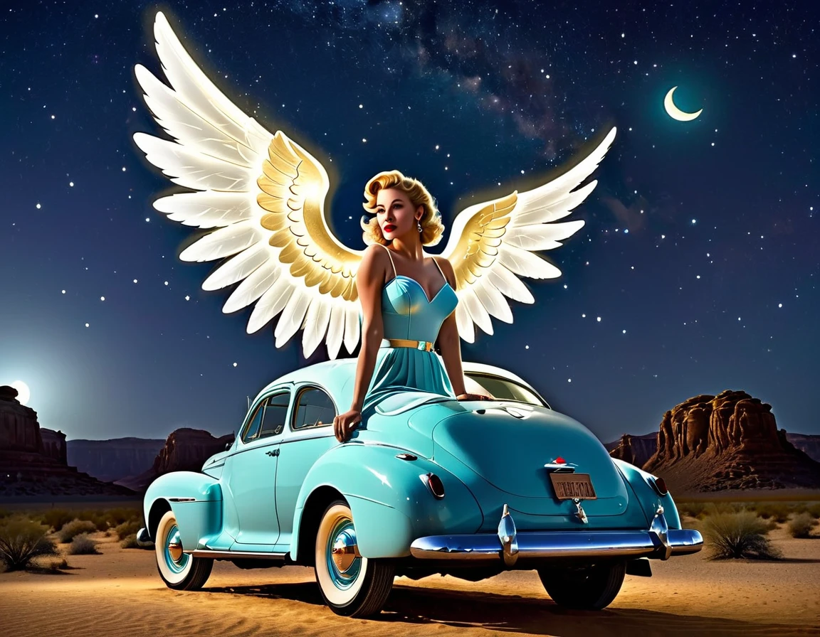 Angel in 1950s attire with luminescent wings, leaning against a classic celestial vehicle in a retro-themed desert with a moonlit sky.