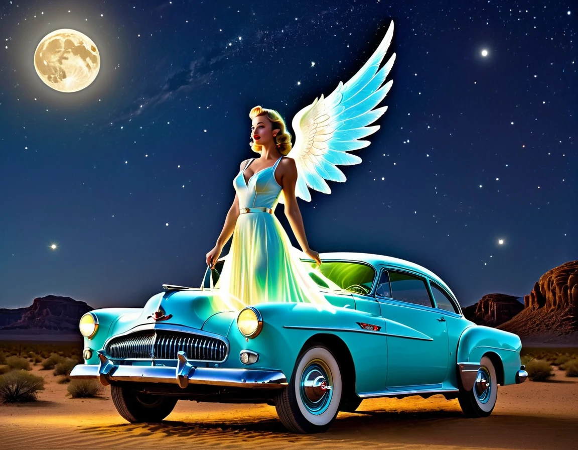 Angel in 1950s attire with luminescent wings, leaning against a classic celestial vehicle in a retro-themed desert with a moonlit sky.