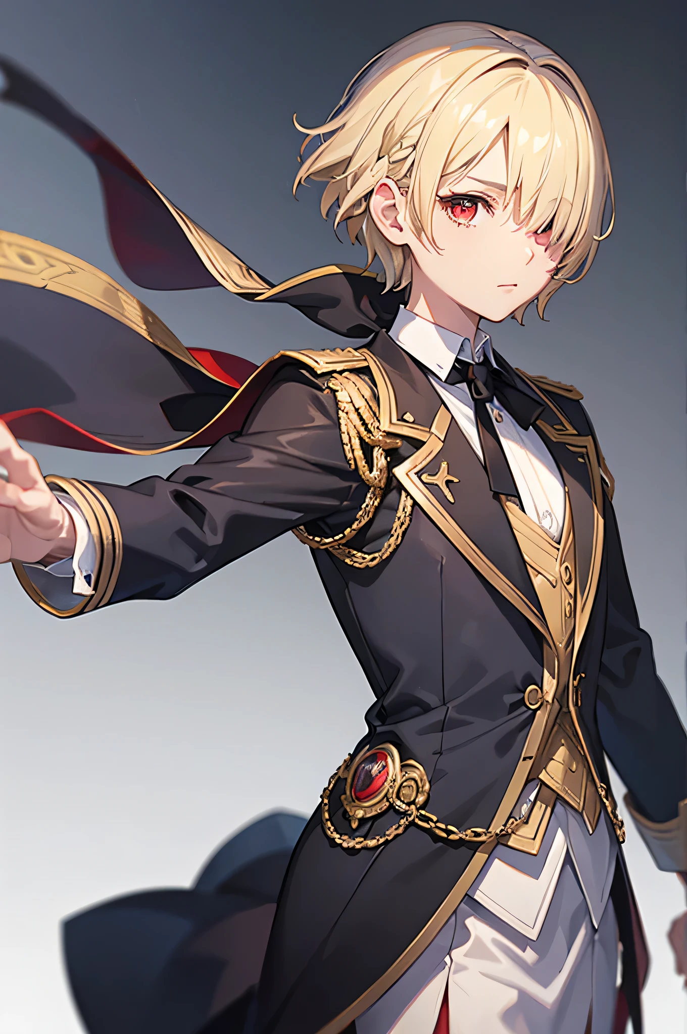 1 person, mature, Butler,, count, viscount, Victorian era,(Barrette)、(((Hair on one eye)))、(((Blonde short hair))),(Red eyes)、 suit, coat,  White gloves, Gold and red design, Black Shirt, No background, Absurd, High resolution, Super sharp, 8K, masterpiece, View your viewers, Are standing, No background, No background, White Background