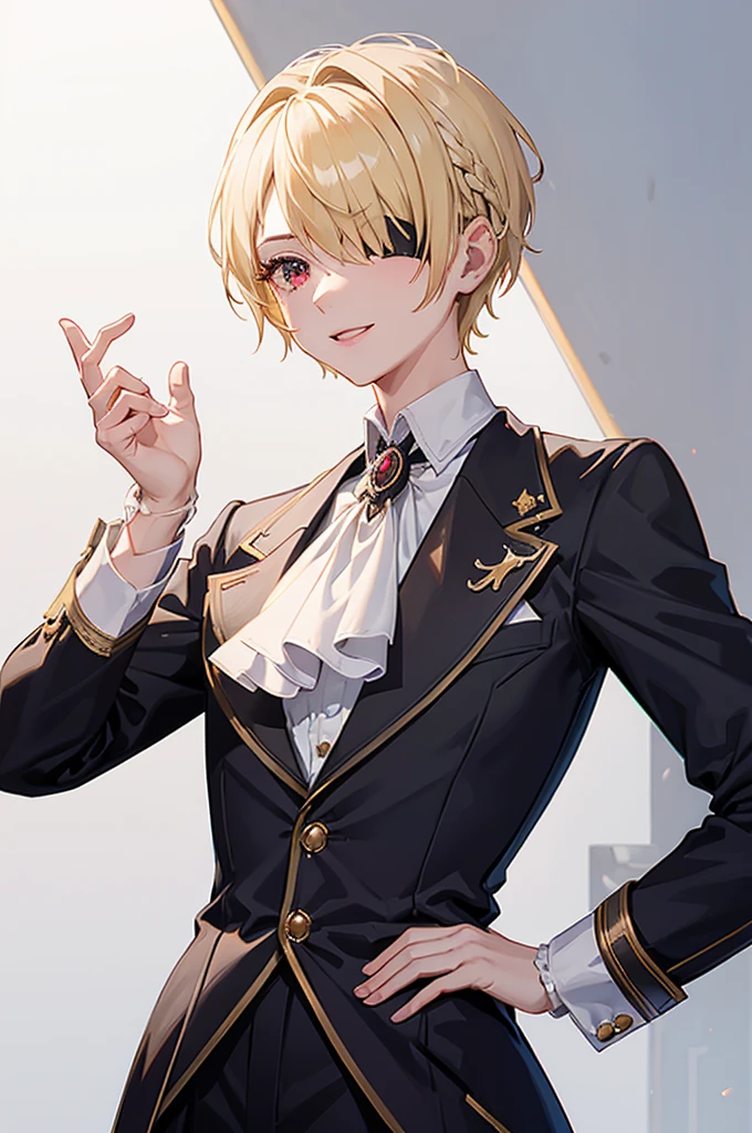 1 person, mature, (((Butler))), count, viscount, Victorian era,(Barrette)、(((Hair on one eye)))、(((Blonde short hair))),(Red eyeedium Breast),smile、 suit, coat,  White gloves, Gold and red design, Black Shirt, No background, Absurd, High resolution, Super sharp, 8K, masterpiece, View your viewers, Are standing, No background, No background, White Background