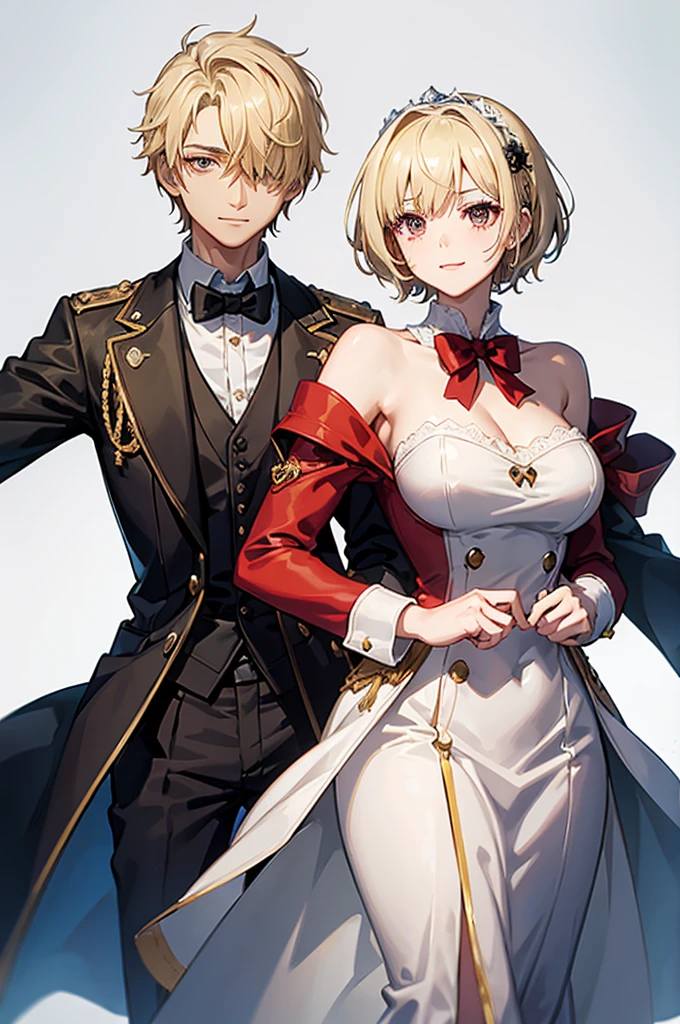 1 person, mature, (((Butler))), count, viscount, Victorian era,(Barrette)、(((Hair on one eye)))、(((Blonde short hair))),(Red eyeedium Breast),smile、 suit, coat,  White gloves, Gold and red design, Black Shirt, No background, Absurd, High resolution, Super sharp, 8K, masterpiece, View your viewers, Are standing, No background, No background, White Background