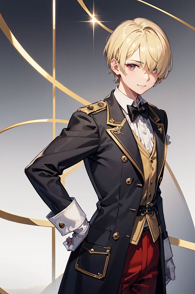 1 person, mature, (((Butler))), count, viscount, Victorian era,(Barrette)、(((Hair on one eye)))、(((Blonde short hair))),(Red eyeedium Breast),smile、 suit, coat,  White gloves, Gold and red design, Black Shirt, No background, Absurd, High resolution, Super sharp, 8K, masterpiece, View your viewers, Are standing, No background, No background, White Background