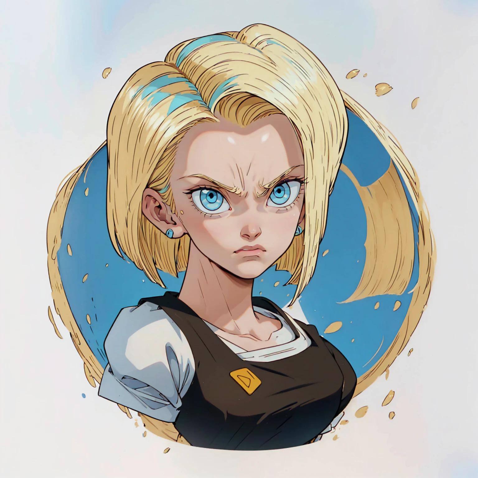 ((1 Mädchen,  android 18 , Blondes Haar, Kurzes Haar, blaue Augen, 1 Mädchen, weißer Hintergrund, Blondes Haar, Wütendes Gesicht)), den Betrachter anschauen, geschlossener Mund