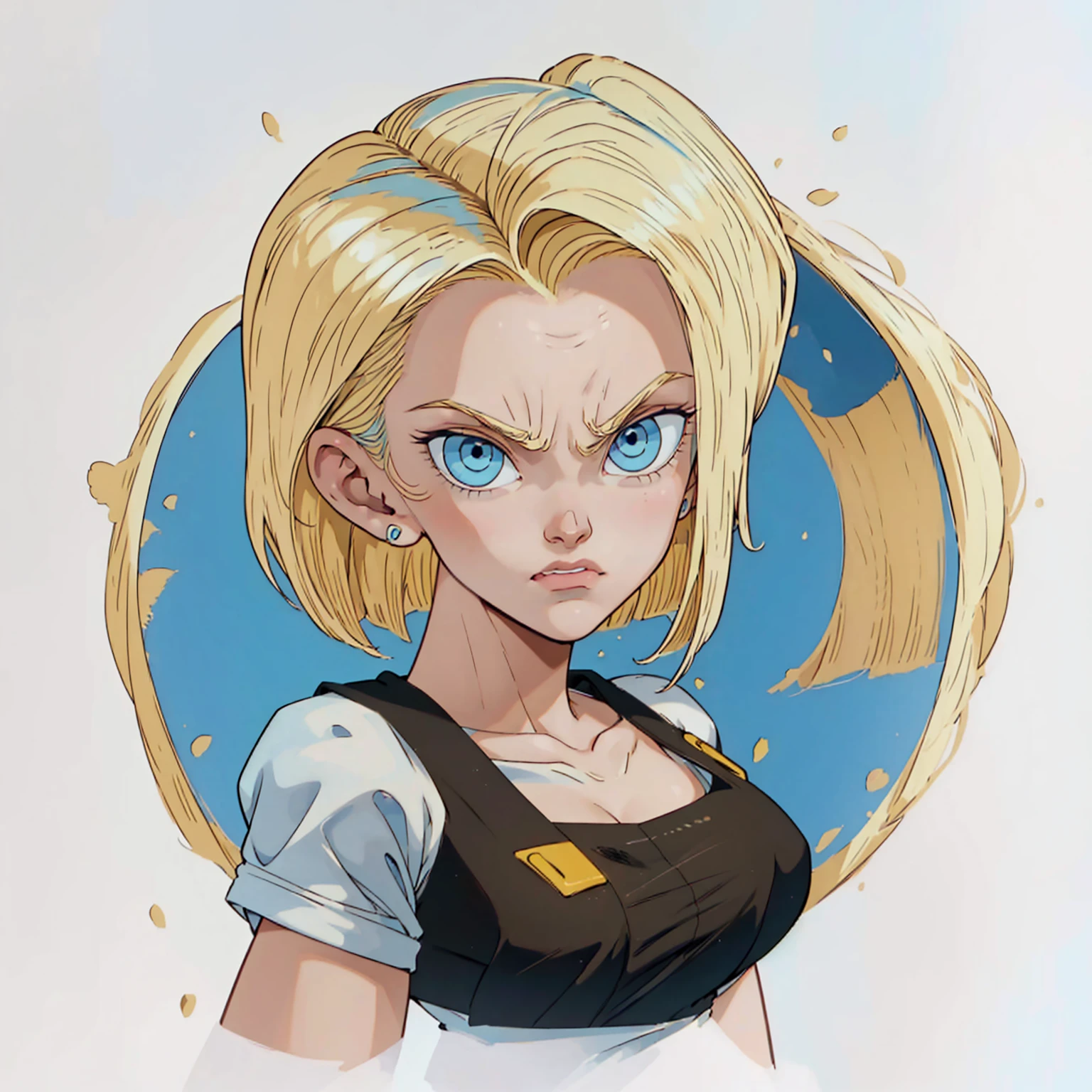 ((1girl,  android 18 , blonde hair, short hair, blue eyes, 1girl, white background, blonde hair, angry face)), looking at the viewer, closed mouth