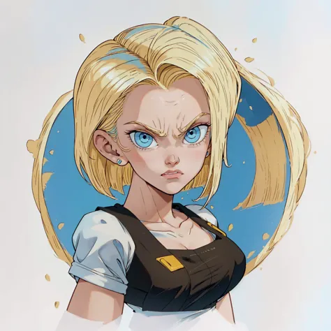 ((1girl,  android 18 , blonde hair, short hair, blue eyes, 1girl, white background, blonde hair, angry face)), looking at the vi...
