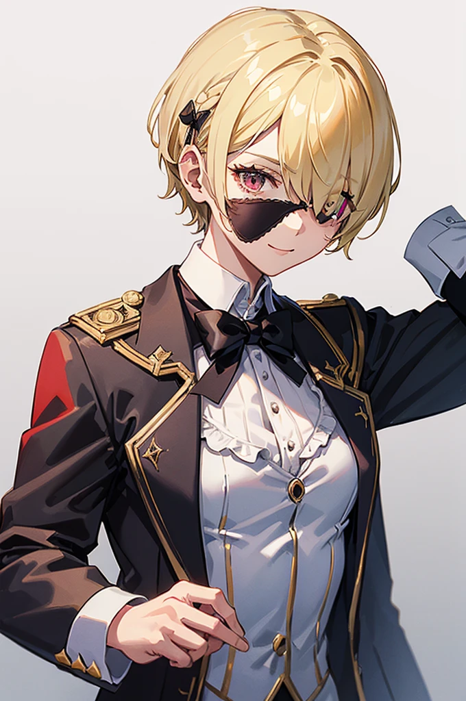 1 person, mature, (((Butler))), count, viscount, Victorian era,(Barrette)、(((Hair on one eye)))、(((Blonde short hair))),(Red eyeedium Breast),smile、 suit, coat,  White gloves, Gold and red design, Black Shirt, No background, Absurd, High resolution, Super sharp, 8K, masterpiece, View your viewers, Are standing, No background, No background, White Background