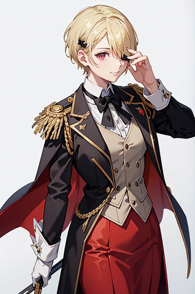 1 person, mature, (((Butler))), count, viscount, Victorian era,(Barrette)、(((Hair on one eye)))、(((Blonde short hair))),(Red eyeedium Breast),smile、 suit, coat,  White gloves, Gold and red design, Black Shirt, No background, Absurd, High resolution, Super sharp, 8K, masterpiece, View your viewers, Are standing, No background, No background, White Background