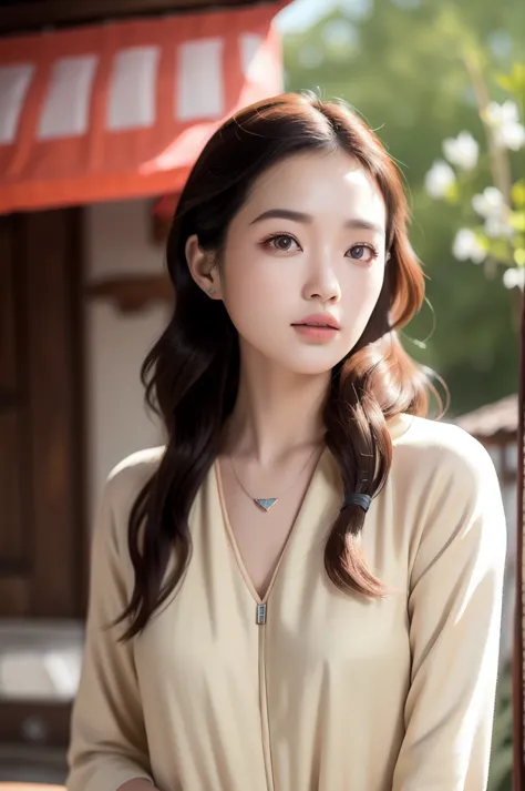 masterpiece,ultra realistic,32k,extremely detailed cg unity 8k wallpaper, best quality,(spring day ),lady ,necklace ,eardrop, th...