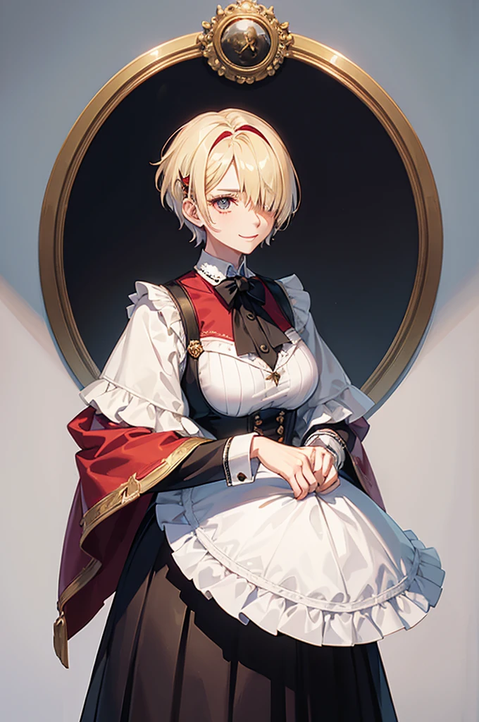 1 person, mature, (((Woman dressed as a man))),(((Butler))), count, viscount, Victorian era,(Barrette)、(((Hair on one eye)))、(((Blonde short hair))),(Red eyeedium Breast),smile、 suit, coat,  White gloves, Gold and red design, Black Shirt, No background, Absurd, High resolution, Super sharp, 8K, masterpiece, View your viewers, Are standing, No background, No background, White Background