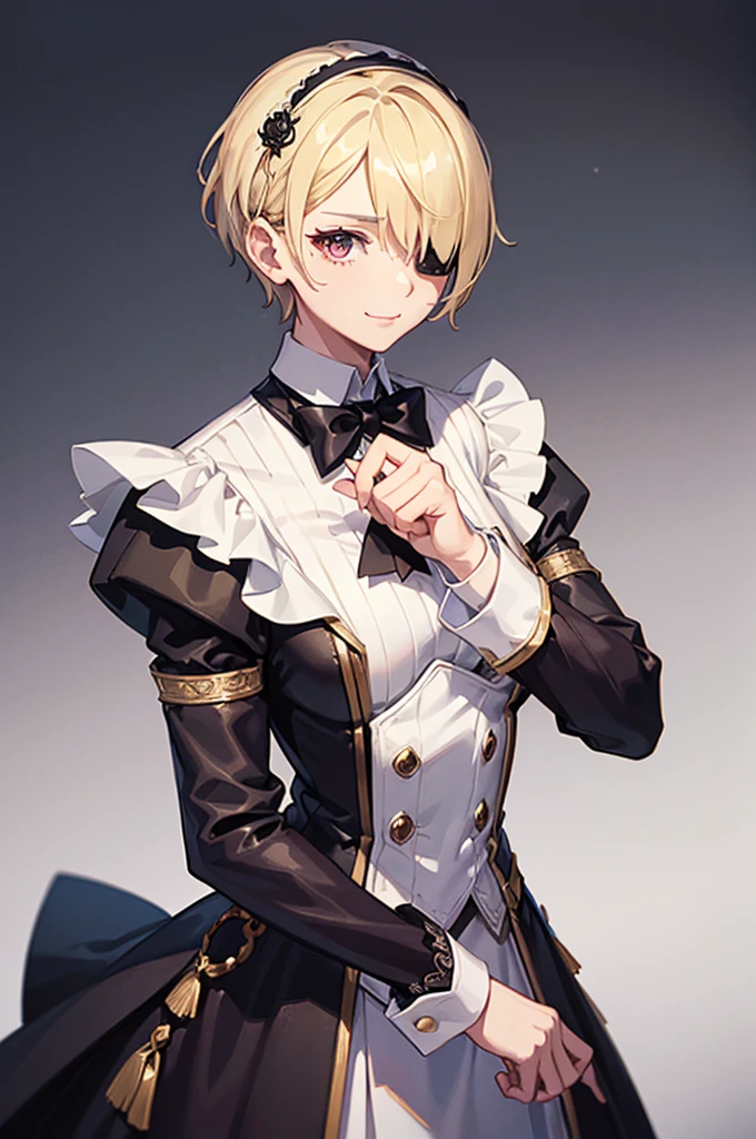 1 person, mature, (((Woman dressed as a man))),(((Butler))), count, viscount, Victorian era,(Barrette)、(((Hair on one eye)))、(((Blonde short hair))),(Red eyeedium Breast),smile、 suit, coat,  White gloves, Gold and red design, Black Shirt, No background, Absurd, High resolution, Super sharp, 8K, masterpiece, View your viewers, Are standing, No background, No background, White Background