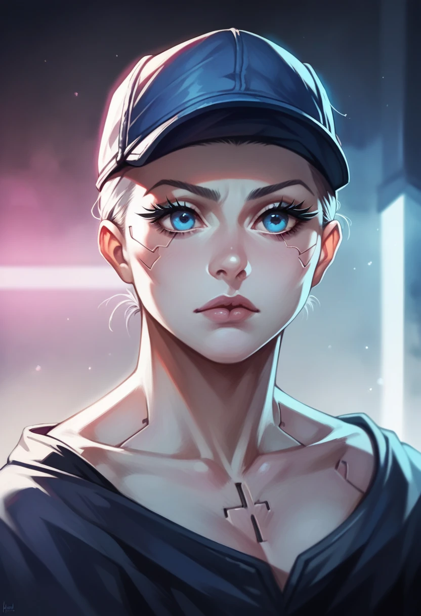 A detailed anime girl with beautiful blue eyes, long eyelashes, and an expression of wonder, wearing a blue cap and surrounded by a fantasy landscape with a neon-colored, cyberpunk-inspired aesthetic, highly detailed, cinematic lighting, 8k, photorealistic, masterpiece