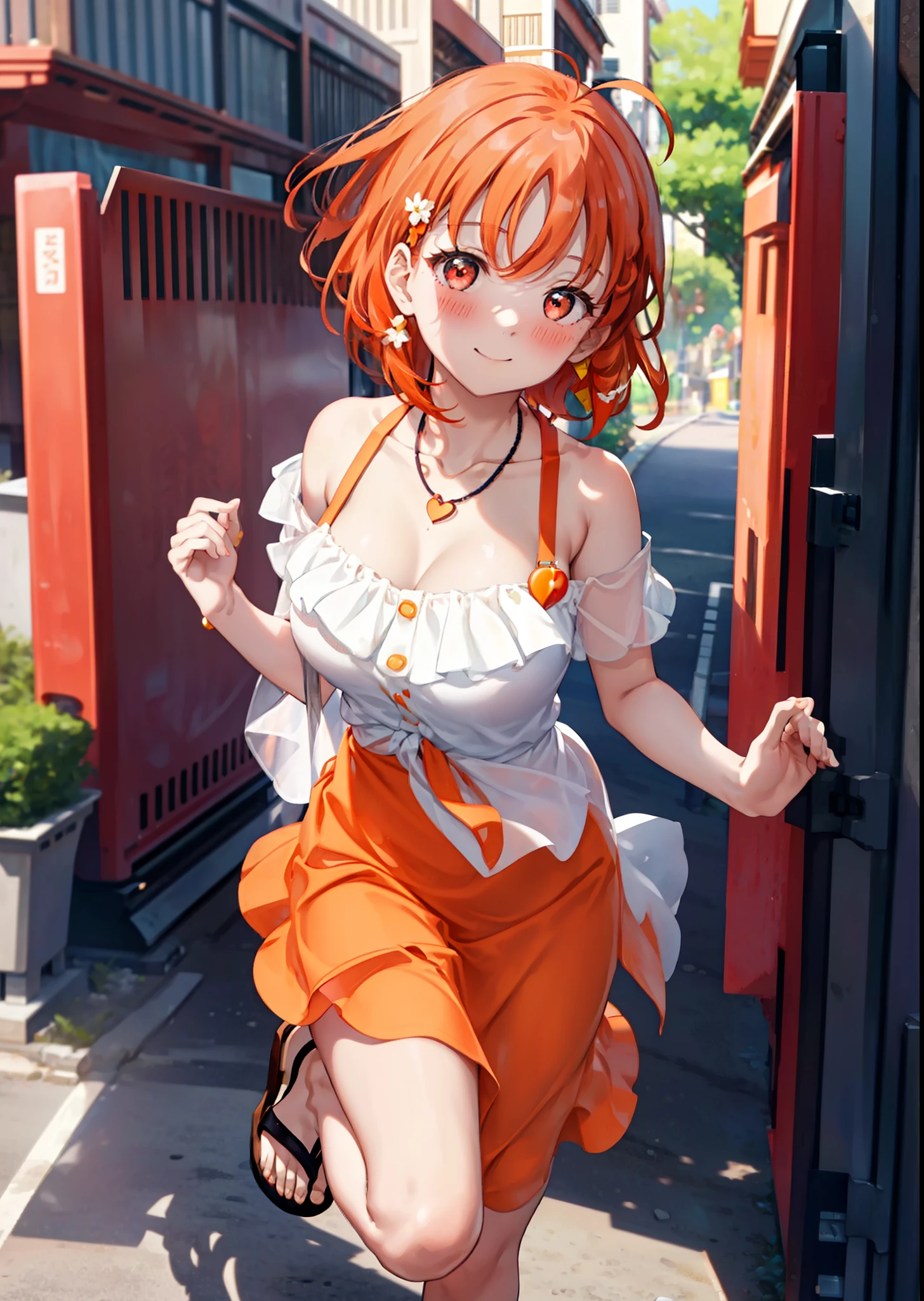 chika　takami,pelo naranja,ahogo,ojos rojos,sonrisa,rubor,Vestido naranja con hombros descubiertos,hombros descubiertos,bare clavicle,cuello desnudo,Collar en forma de corazón,Falda larga,Lindas sandalias de tacón,Caminando,tiempo de día,Cielos despejados,todo el cuerpoがイラストに入るように break outdoors, Distrito de construcción, descanso mirando al espectador, todo el cuerpo, break (obra maestra:1.2), de la máxima calidad, Alta resolución, fondo de pantalla de unidad 8k, (cifra:0.8), (Hermosa atención al detalle:1.6), Cara muy detallada, Iluminación perfecta, CG muy detallado, (manos perfectas, anatomía perfecta),