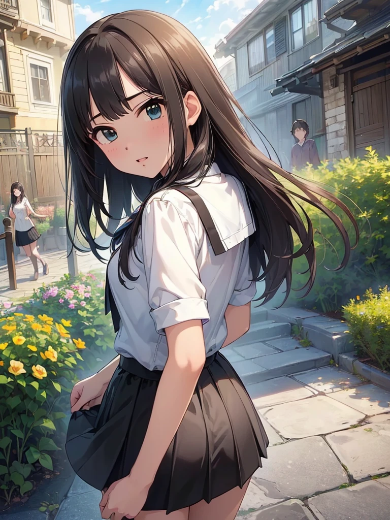 ((masterpiece) (((((Highest quality))))((high resolution))))), Very detailed, Ultra-realistic, Black Hair)、、、City、building、、(、Embarrassed face、、Ass 、Face looking back、From below、((Low - Angle))、Black Skirt、、garden、、Cowboy Shot、Whitepanties))、Long Hair、Wind