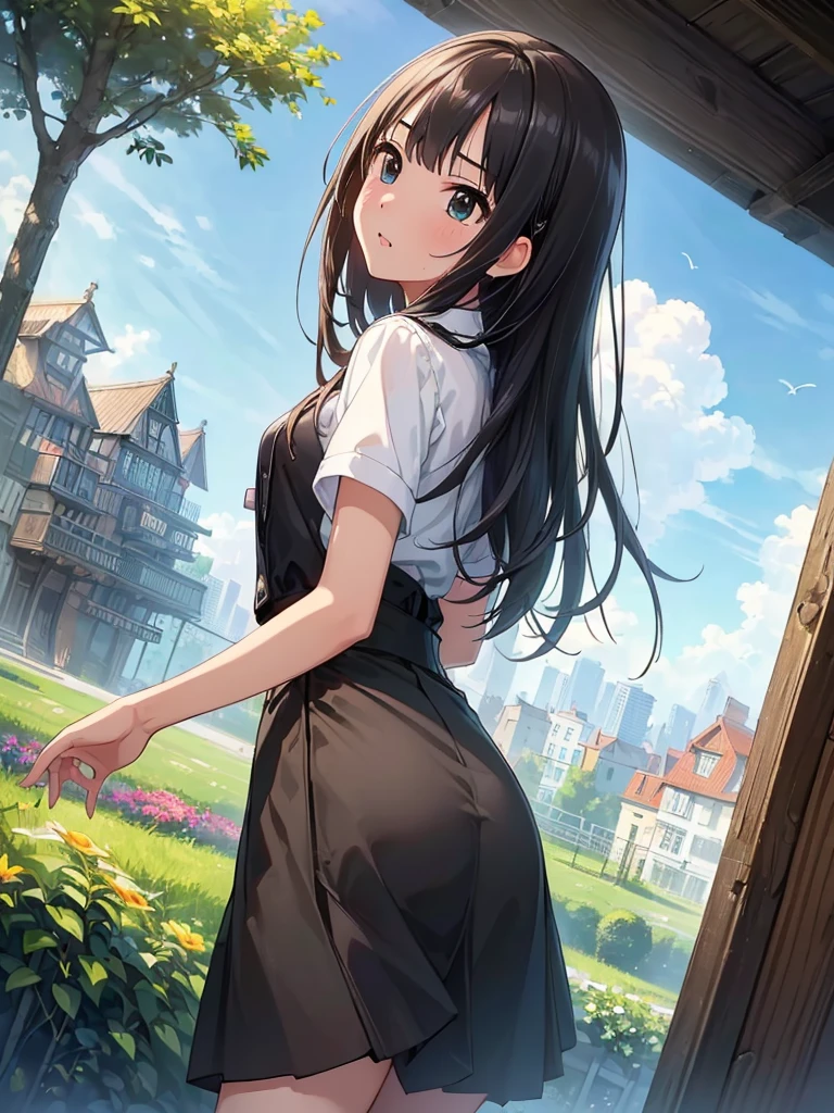 ((masterpiece) (((((Highest quality))))((high resolution))))), Very detailed, Ultra-realistic, Black Hair)、、、City、building、、(、Embarrassed face、、Ass 、Face looking back、From below、((Low - Angle))、Black Skirt、、garden、、Cowboy Shot、Whitepanties))、Long Hair、Wind