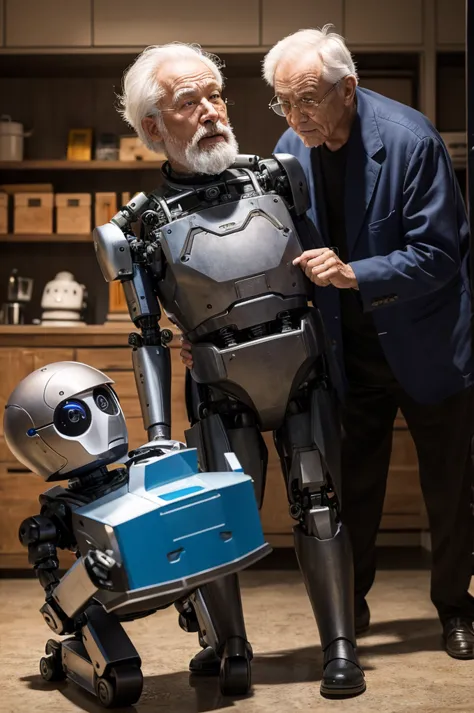 a scene where an old man with the head of an old man and the body of a robot is fighting。the old man&#39;s face is marked by dee...