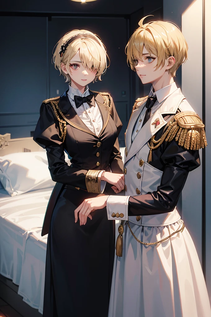 1 person, mature, (((Woman dressed as a man))),(((Butler))), count, viscount, Victorian era,(Barrette)、(((Hair on one eye)))、(((Blonde short hair))),(Red eyeedium Breast),smile、 suit, coat,  White gloves, Gold and red design, Black Shirt, No background, Absurd, High resolution, Super sharp, 8K, masterpiece, View your viewers, Are standing, No background, No background, White Background