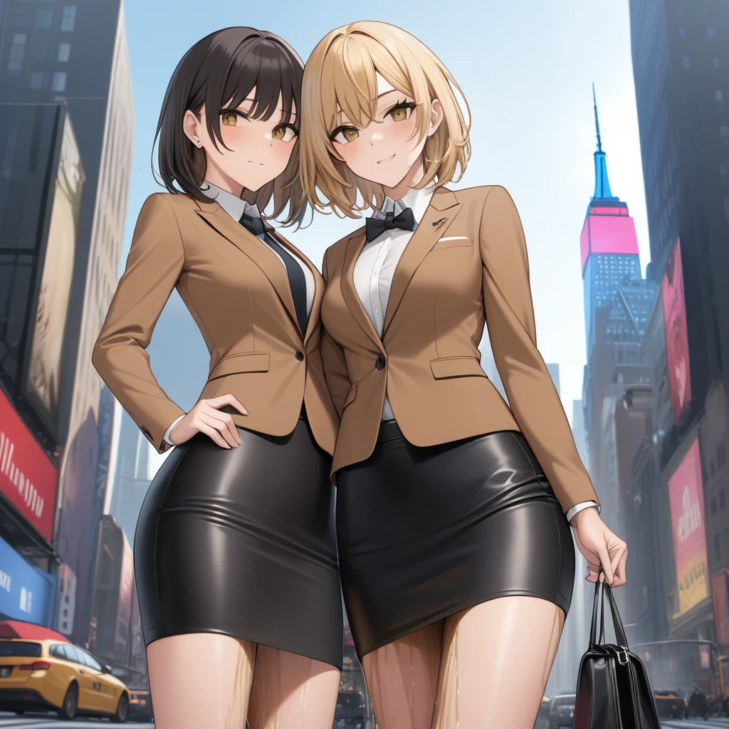 ((best quality)), ((masterpiece)), ((ultra realistic)), (dynamic sexy pose), german, beautiful detailed face, detailed eyes, sexy model, dressed in a brown suit,, new york city backdrop, highly detailed, professional, bare legs, (full body), standing, blonde hair, medium hair, hazel eyes, matching shoes, cowboy shot,wetting herself:2.0), (very long pencil skirt:1.5)