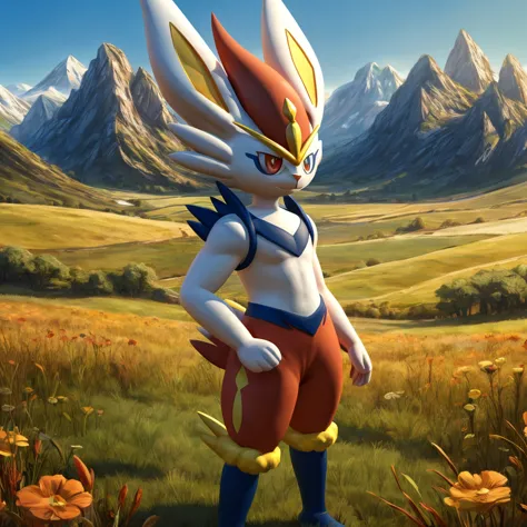 cinderace, anthropomorphic male pokemon, heterochromia, he right eye orange and he left eye pink, field, mountains, grass, stand...