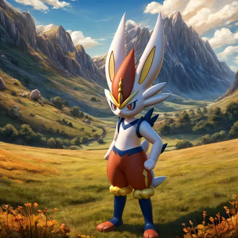 cinderace, anthropomorphic male pokemon, heterochromia, he right eye orange and he left eye pink, field, mountains, grass, stand...