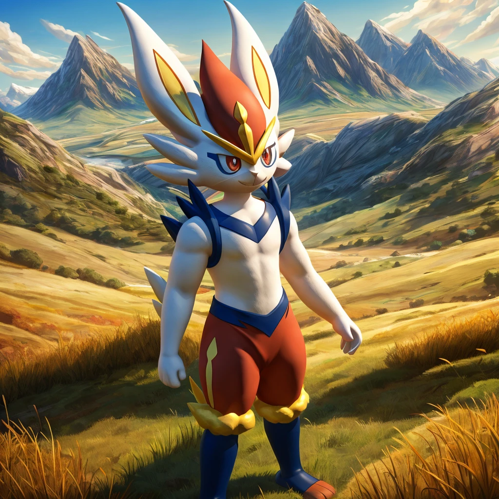 cinderace, anthropomorphic male pokemon, heterochromia, he right eye orange and he left eye pink, field, mountains, grass, standing pose, detailed, art, live action, masterpiece, best quality, 4k