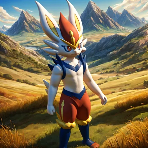 cinderace, anthropomorphic male pokemon, heterochromia, he right eye orange and he left eye pink, field, mountains, grass, stand...