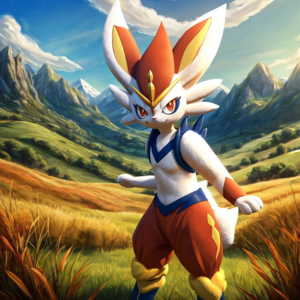 cinderace, anthropomorphic male pokemon, heterochromia, he right eye orange and he left eye pink, field, mountains, grass, standing pose, detailed, art, live action, masterpiece, best quality, 4k