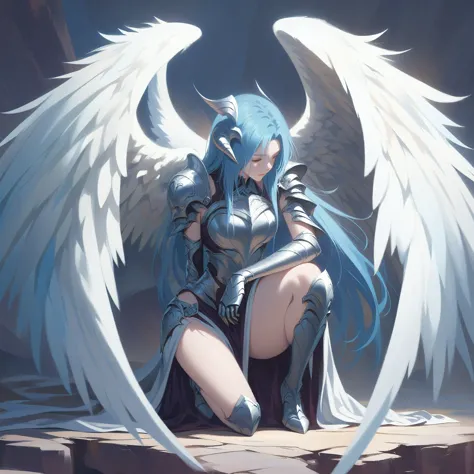 A painting，The painting depicts a woman with blue hair and wings sitting on a rock, angel knight girl, Angel Knight Gothic Girl,...