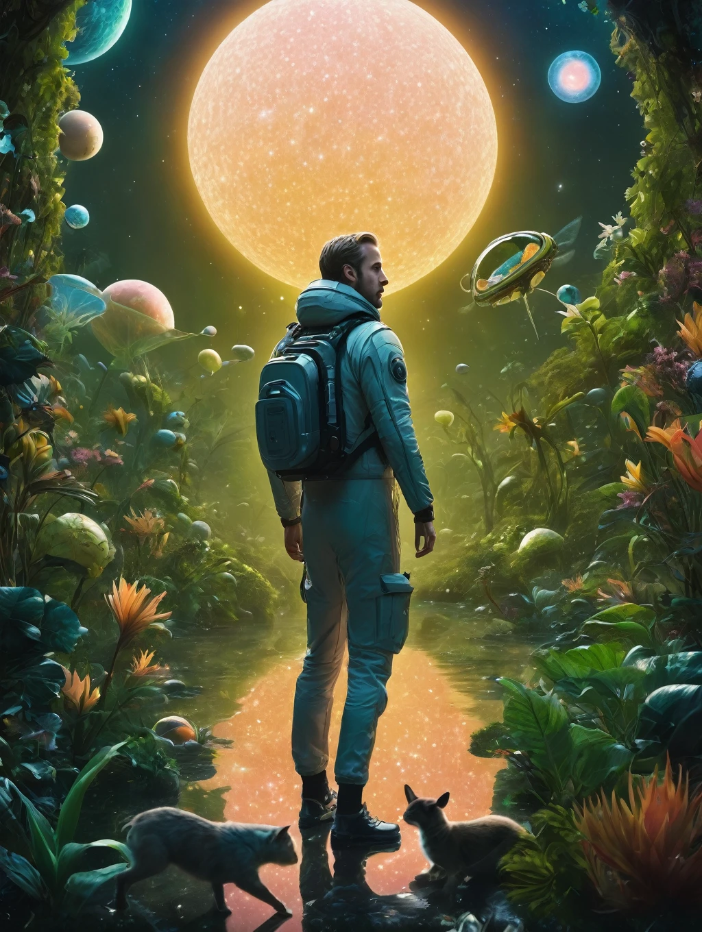 (whole body|full length), A parallel world scene in which Ryan Gosling hunts alien insects with a net. Alien flora and fauna inhabit the surrounding area, Some moons in the sky.