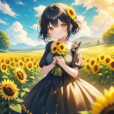 kagamine  rin、Have a bouquet of sunflowers、Laughing happily、Surrounded by flowers、Short black hair、Colorful dress、