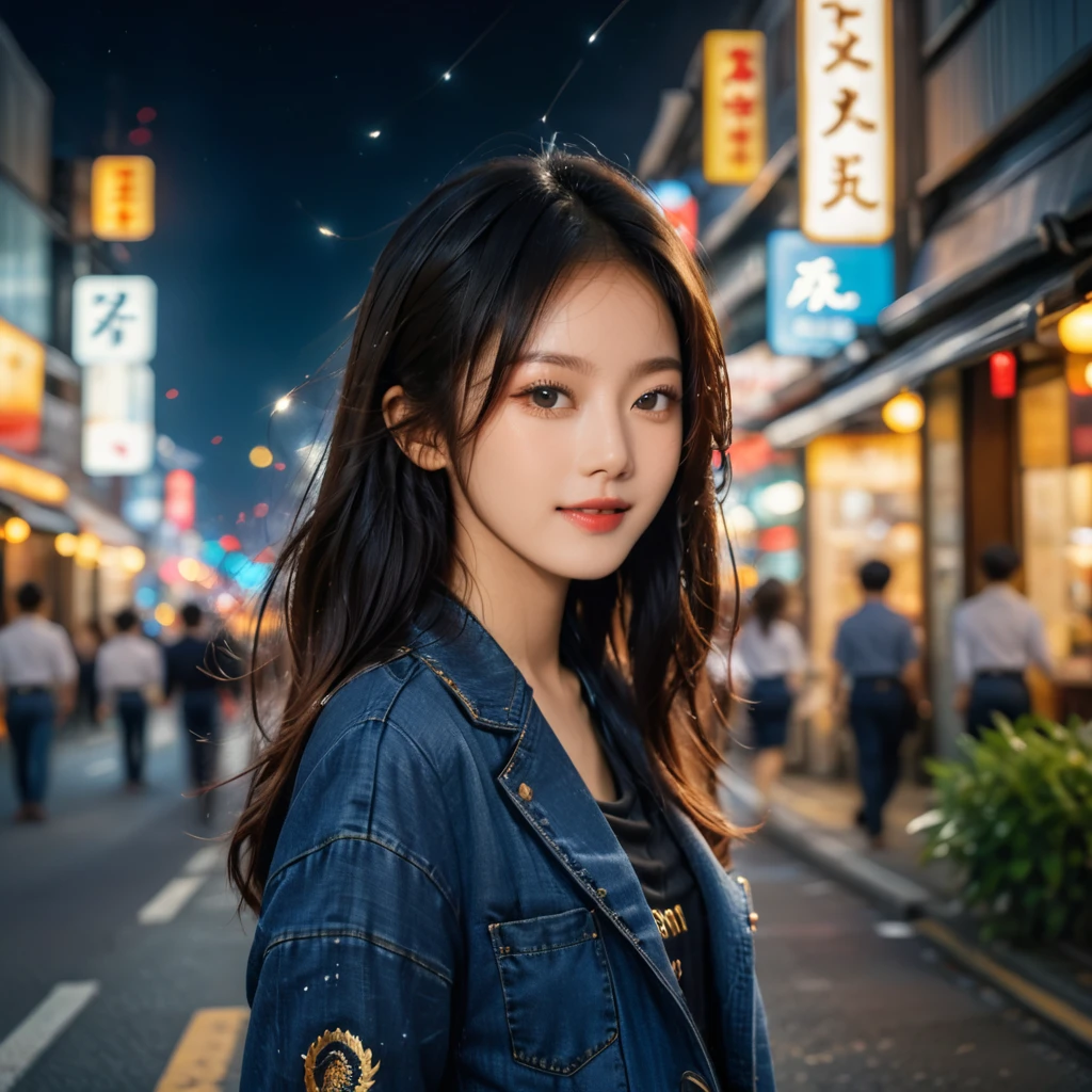 (upper body, from front bottom), Hasselblad X2D 100C + XCD 2,5/55V f/2, Kodak Professional Gold 200 film, sharp focus, ((a beautiful young idols face of Japanese model)), ((Newjeans Minji face: 1.0)), winged eye-liner, friendly smile, dynamic action posing, glowing bright realistic textures skin, long straight hair, wind storm tousling, film-grain, tilt shift, bokeh, shallowed depth of field, cinematic, Yaowarat road night background, vibrant heavenly lights sky, 