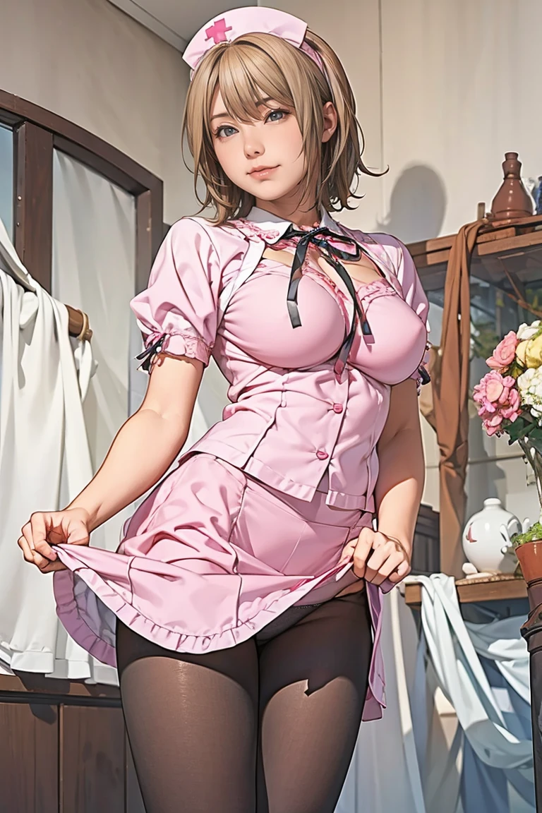 (masterpiece、Highest quality)、(Photo Real:1.4)、 Mature Woman,  Beautiful thighs、Front view、1 Girl、30 years old、Perfect Face、Symmetrical cute face、Pink nurse uniform、(Random hairstyle、blonde)、Big eyes、Long eyelashes、((expensive))、Beautiful Hair、Beautiful Face、Beautiful and beautiful eyes、Perfect proportions、Beautiful breasts、Beautiful feet、Beautiful fingers、((High quality fabric、Pink nurse uniform、Skirt flip))、(To the hospital)、Are standing、 (smile),  (((Skirt lift with both hands、Panties and pantyhose are visible)))